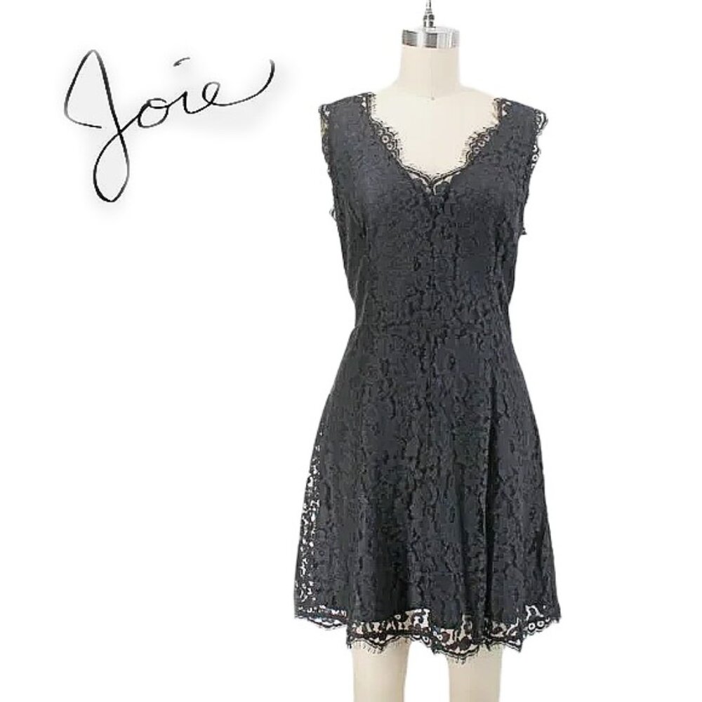 Joie Nikolina Dress Black Lace Sleeveless V Neck Scalloped Eyelash Trim SZ M - Picture 1 of 15